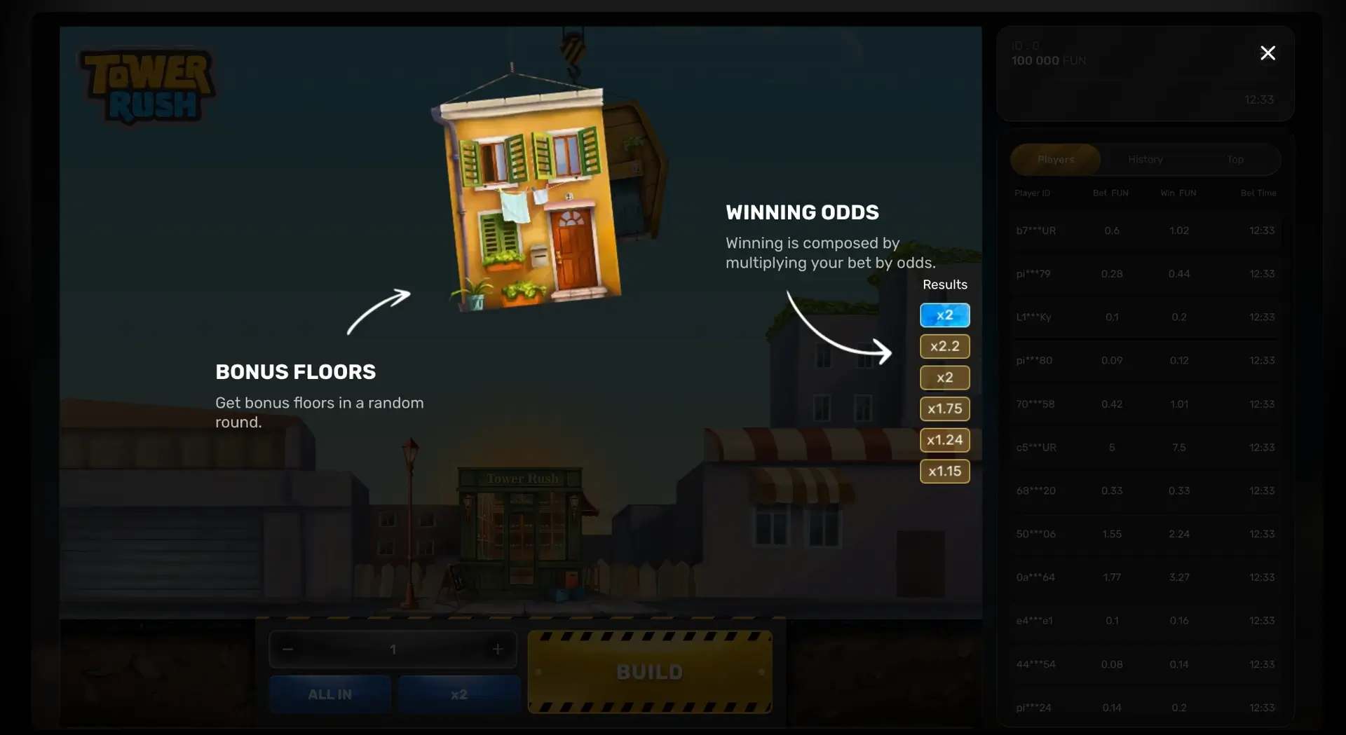 Tower Rush bonus floors and winning odds