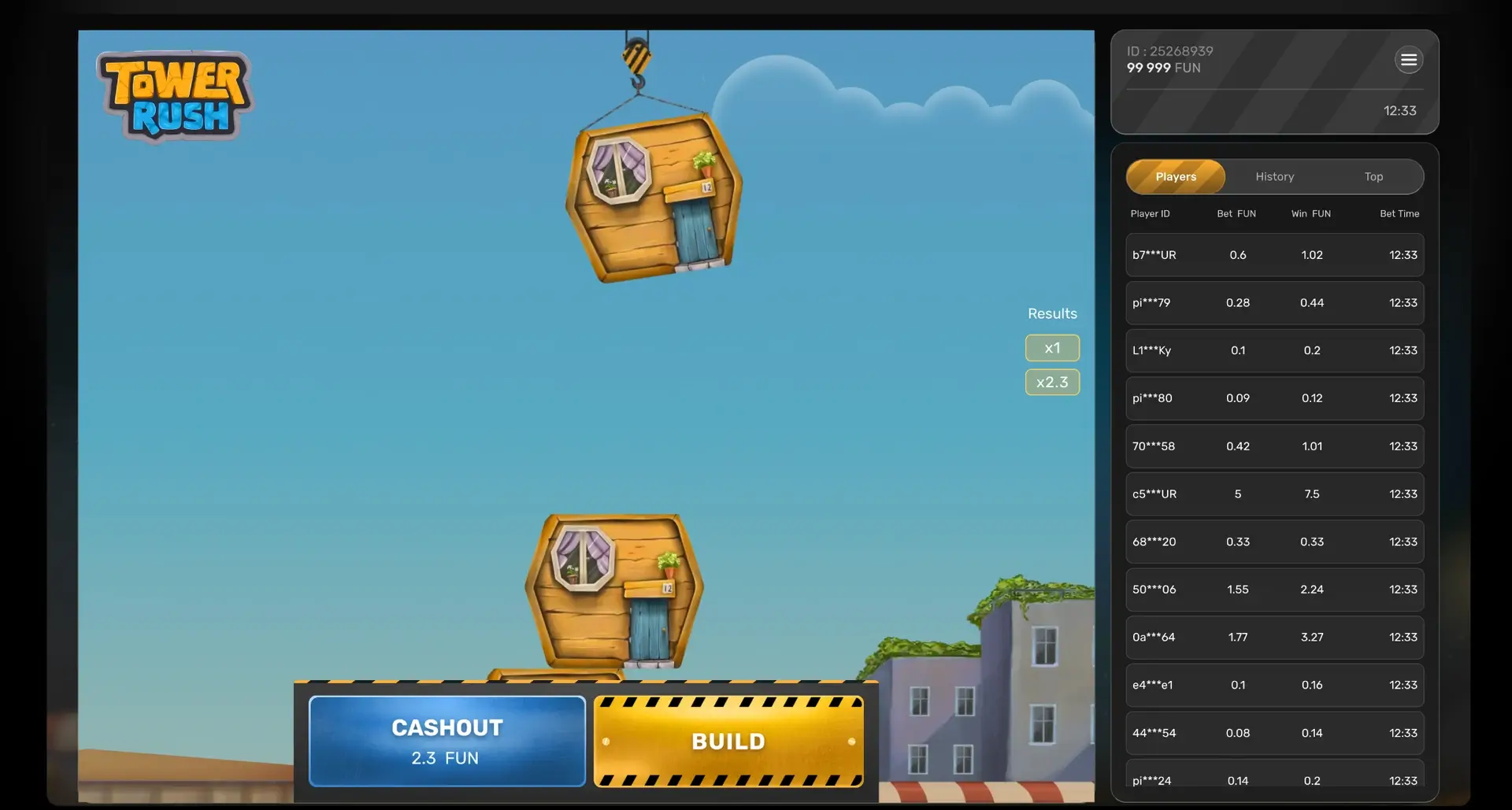 Tower Rush cash-out and build controls during gameplay